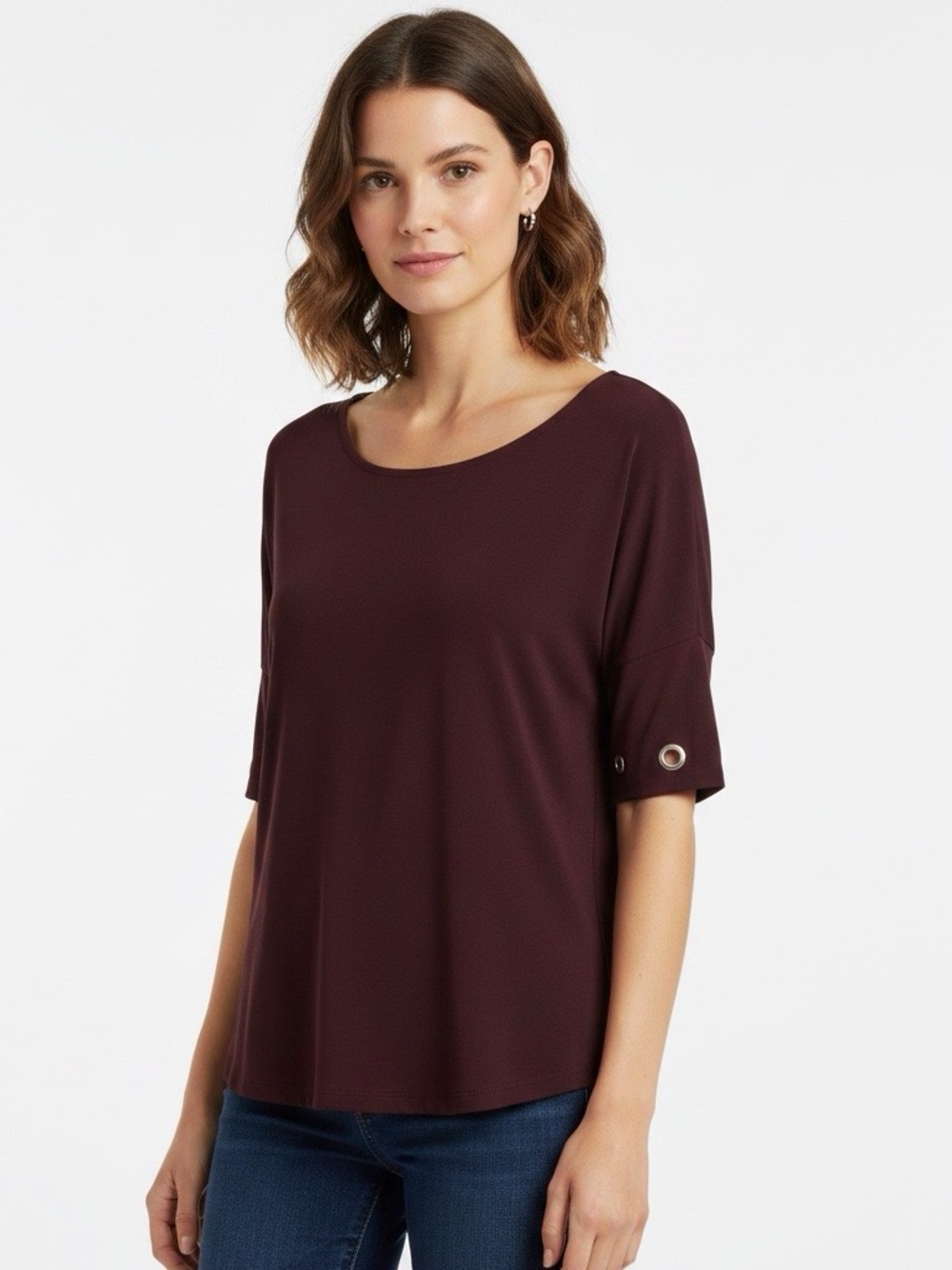 New York and Company 7th Avenue Design Studio maroon blouse MEDIUM short sleeve